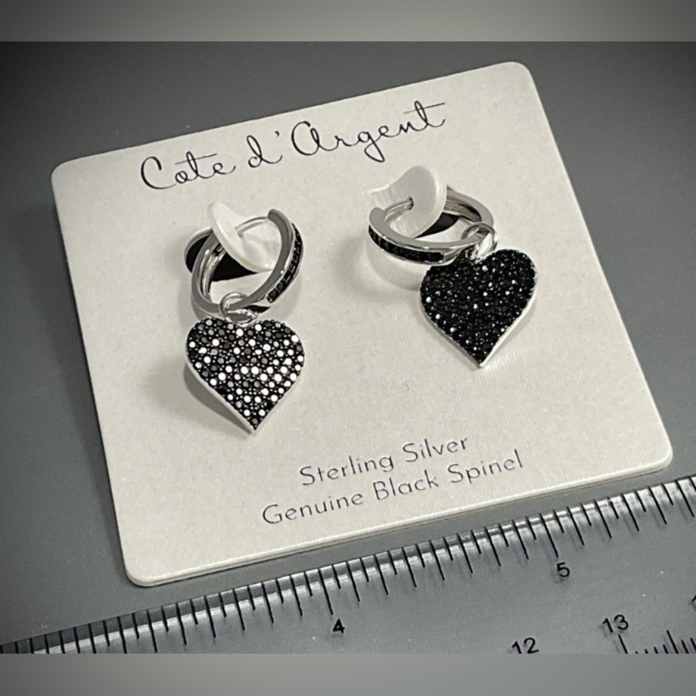 NWT COTE d’ ARGENT STERLING SILVER & BLACK SPINEL HEART HOOP EARRINGS! AMAZING! - Picture 4 of 6
